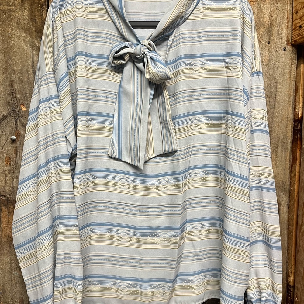 Lucky & Blessed Striped Tie-Neck Blouse in Light Blue, Cream & Sage Green
